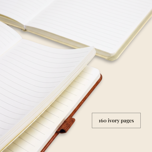 Open lined notebooks with ivory pages arranged on a light beige background, with a small text label reading '160 ivory pages'.