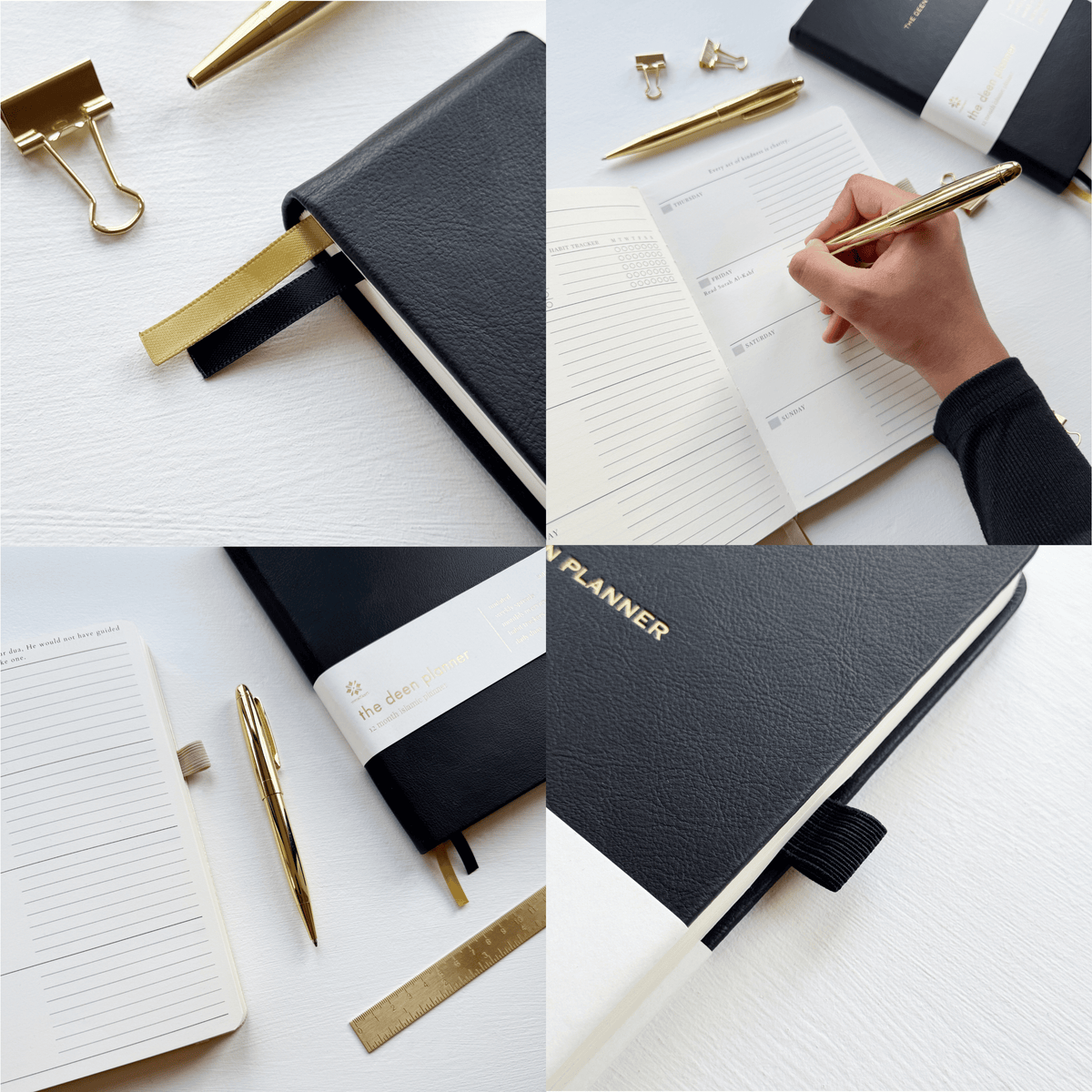 Collage of a black islamic planner with gold accents, a pen, and paper clips on a white background.