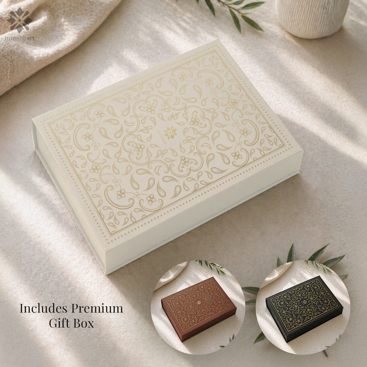 Decorative gift box with intricate patterns on a light surface with two smaller boxes below.