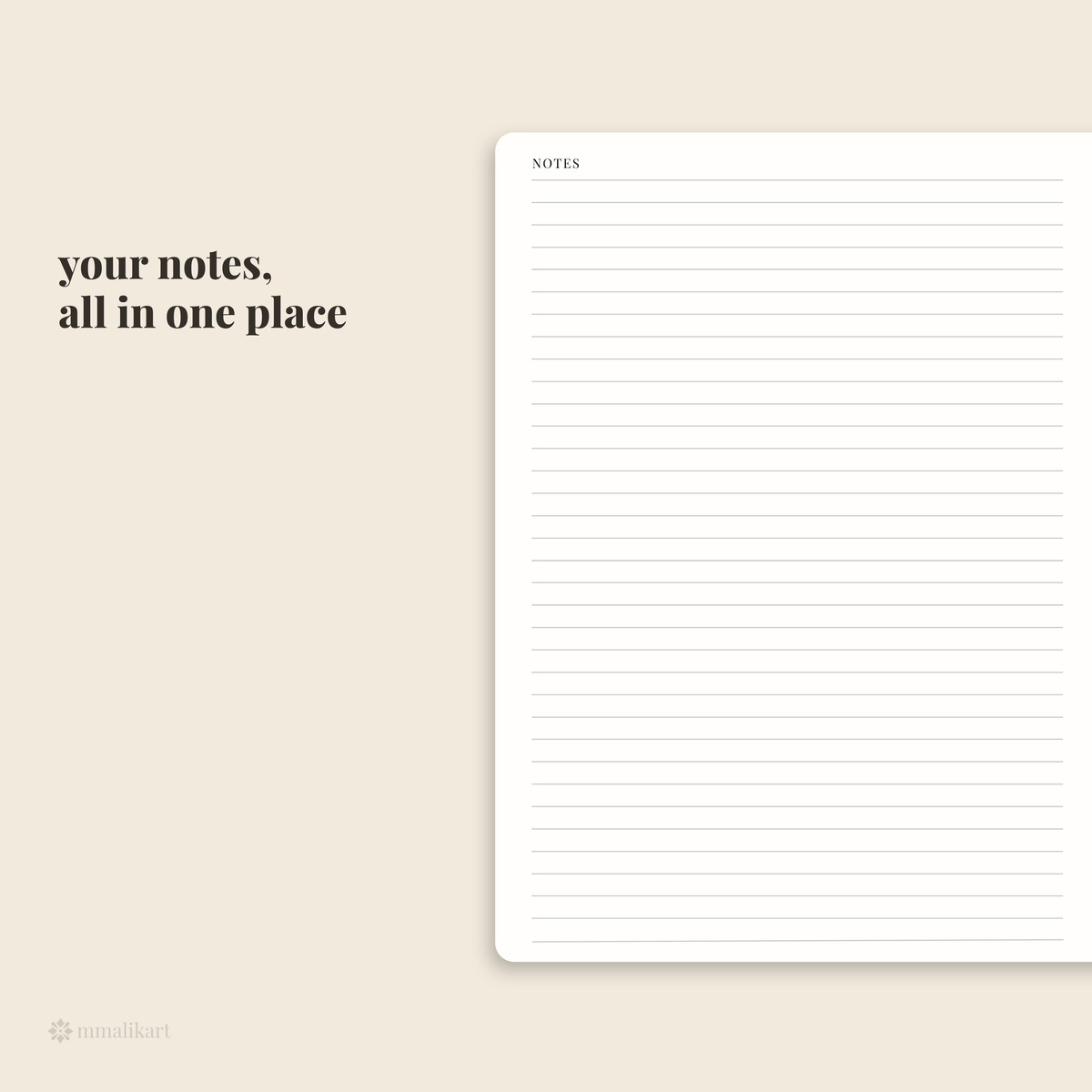 A minimalist lined notes page shown on a warm beige background with the text 'your notes, all in one place' and a small 'unifiedart' mark in the lower left corner.