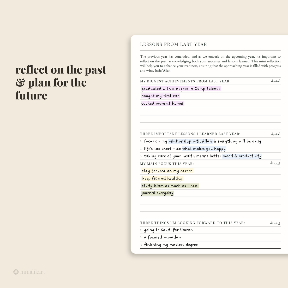 A lined reflection journal page titled 'LESSONS FROM LAST YEAR' on a warm beige background with the text 'reflect on the past & plan for the future'. The page includes sections for achievements, lessons learned, and goals, with some text filled in and colored highlight markers visible.