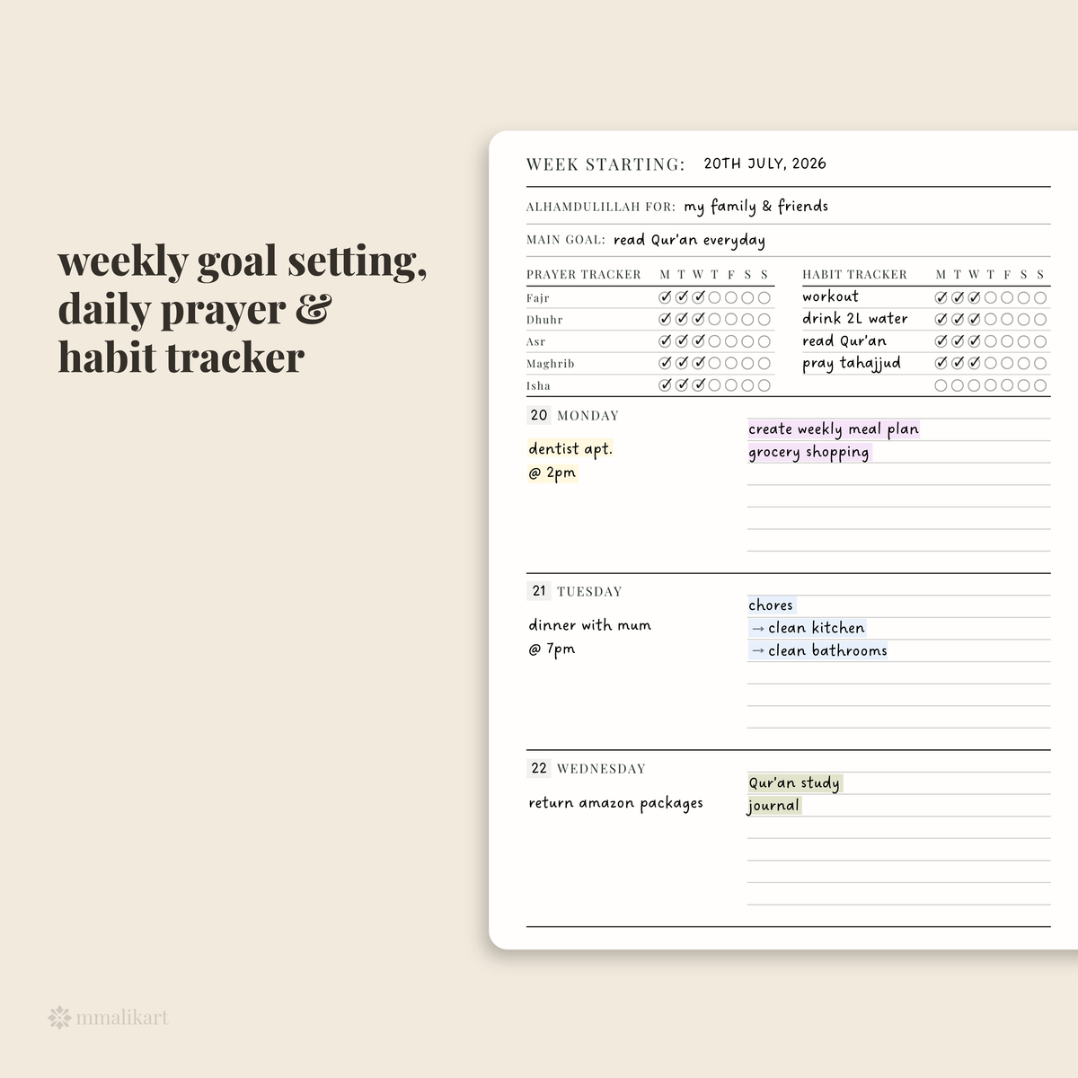 A weekly planner page shown on a warm beige background with text reading 'weekly goal setting, daily prayer & habit tracker.' The planner has sections for Monday through Wednesday, prayer and habit trackers, and handwritten-style notes.